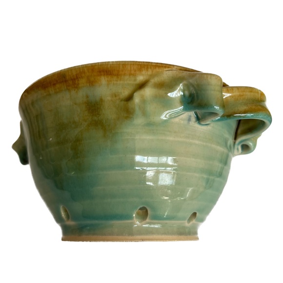 Studio Art Pottery Colander Strainer Fruit Bowl Pottery Green Brown Hand Made - Picture 3 of 7